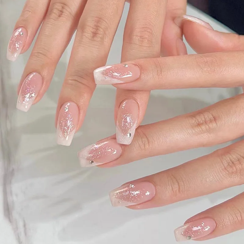 The Ultimate Guide to Nail Shapes – How to Choose the Perfect One 3 2 hands wearing a set of handmade press on nails pink with glitter diamond affixed nails french tip square nails