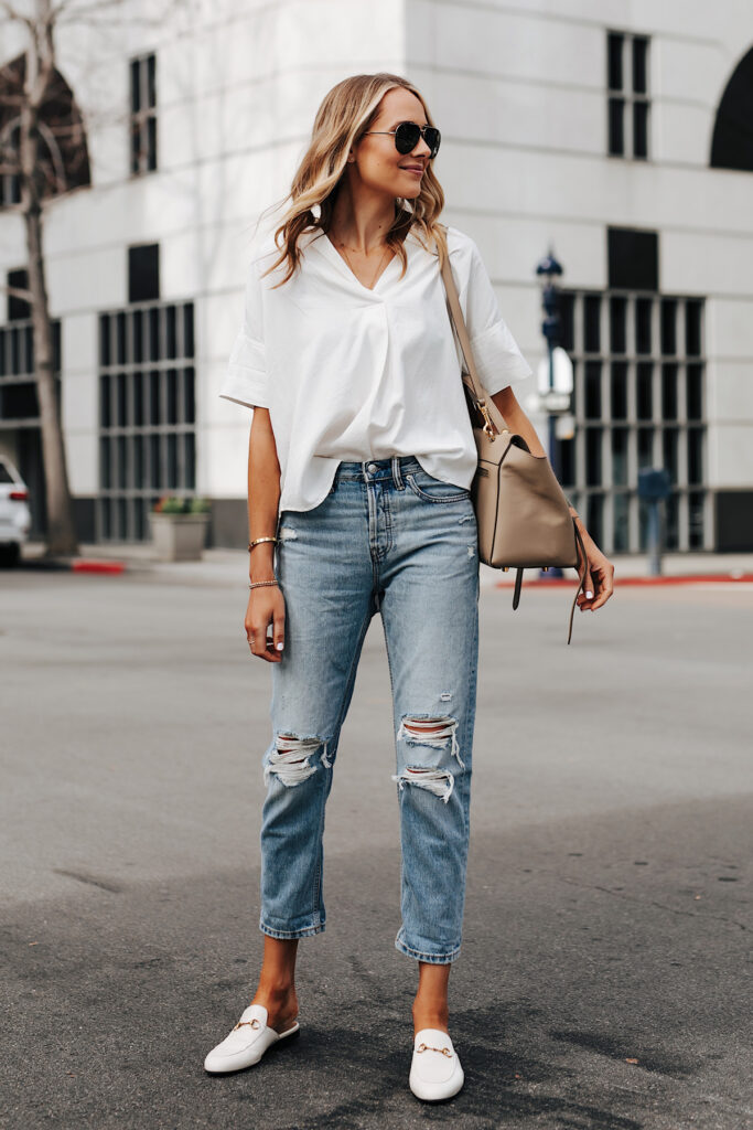 2025 Accessories Trends: Bags, Shoes & Jewelry That Elevate Every Look 14 Fashion Jackson Wearing Short Sleeve White Shirt Everlane Ripped Boyfriend Jeans Gucci Princetown White Mules