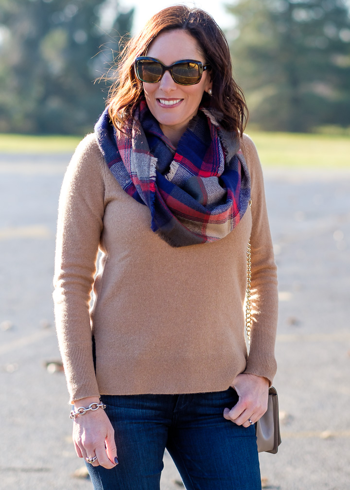 10 Fashion Mistakes to Avoid in 2025 (And What to Do Instead) 4 camel sweater plaid infinity scarf 5
