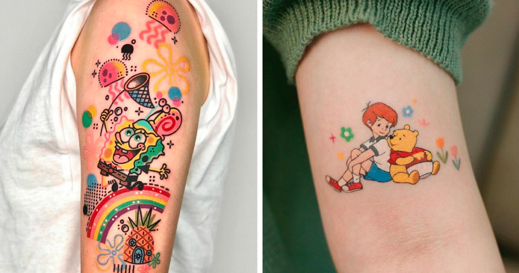Color Tattoos vs. Black & Grey: Pros, Cons, and Design Tips 8 cartoon character tattoos fb