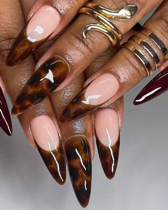 25 Stunning Nude Nail Designs for Every Skin Tone 13 curedbyjae Tortoiseshell Tipped Stiletto Nails