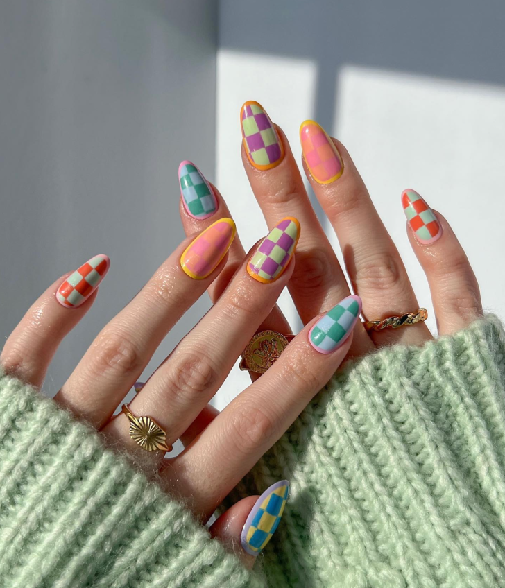 Summer Nail Trends That Will Dominate Instagram in 2025 21 cute mismatched checkerboard easter nail designs and ideas with pastel colors