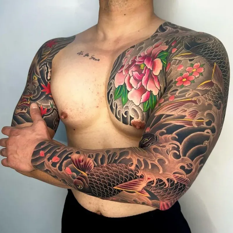 Color Tattoos vs. Black & Grey: Pros, Cons, and Design Tips 12 irezumi tattoo mans arms and chest