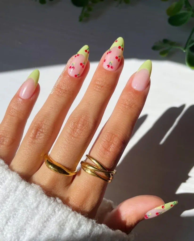 Nail Growth Secrets: Natural Ways to Strengthen and Lengthen Your Nails 16 simple cute cherry nail art manicure with lime green french tip designs